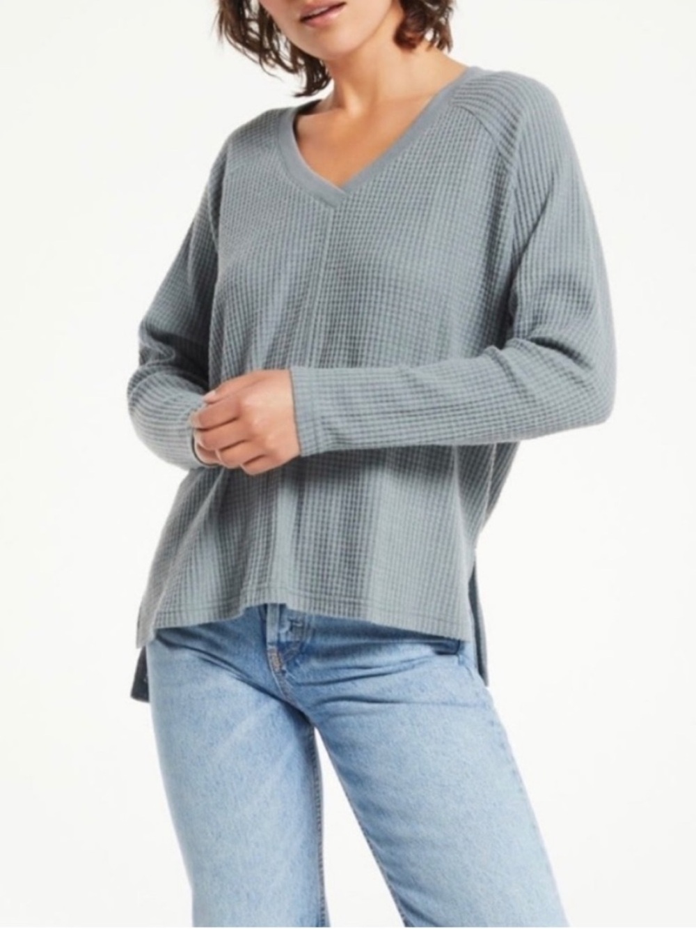 Z Supply Ansel Brushed Waffle Knit Long Sleeve in Storm Cloud Blue Size Small